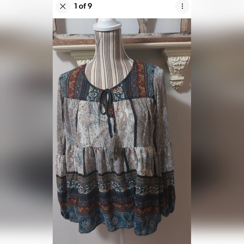 Bohemian Patchwork Blouse Knox Rose Paisley Boho Top Long Sleeve Womens XS